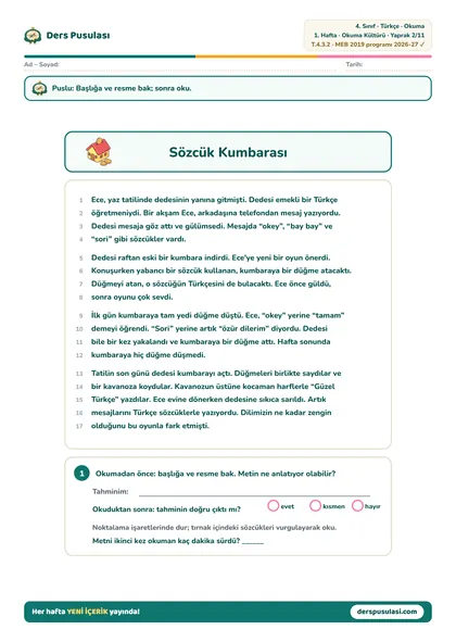 Okuma Metni yaprağı önizlemesi
