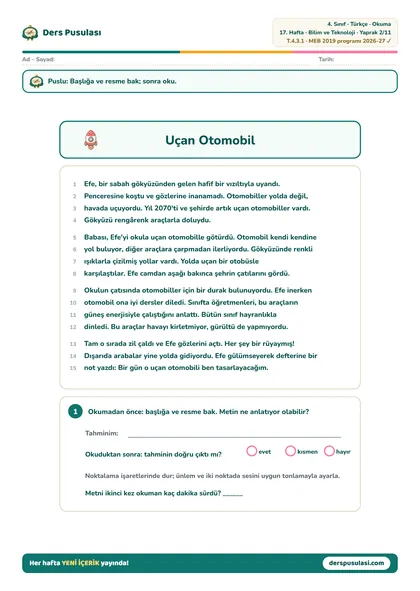 Okuma Metni yaprağı önizlemesi